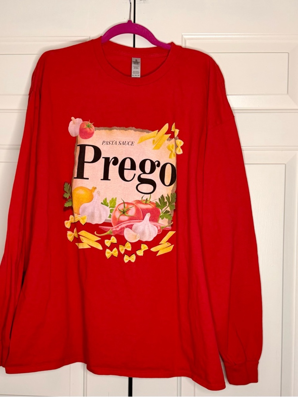 Prego Graphic Long Sleeve Tee | Funny Red Graphic Shirt | Size 2XL
